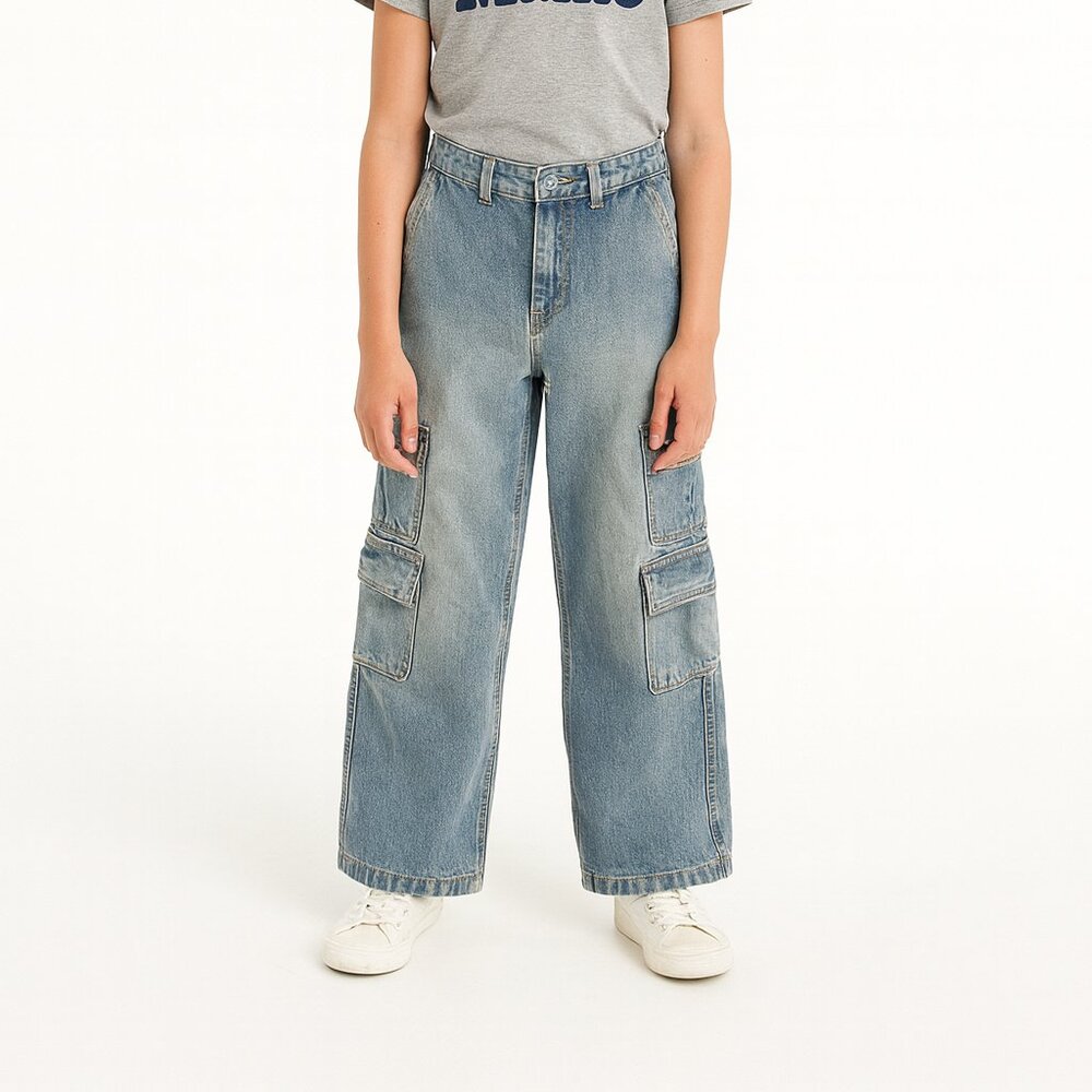 PacSun Kids Baggy Light Wash Denim Cargo Jeans Youth 12 Carpenter Style FLAW